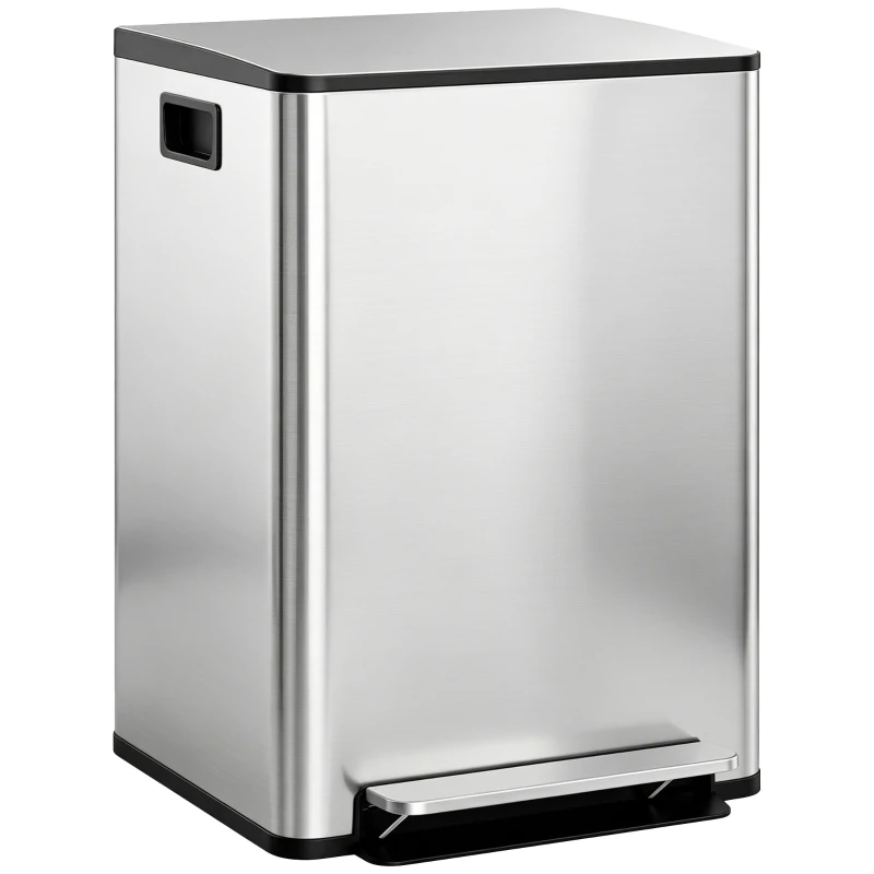HOMCOM Cubo de Basura de Cocina con 2 Compartimentos 2x30L con Pedal Tapa de Cierre Suave y Cubo Extraíble Plata