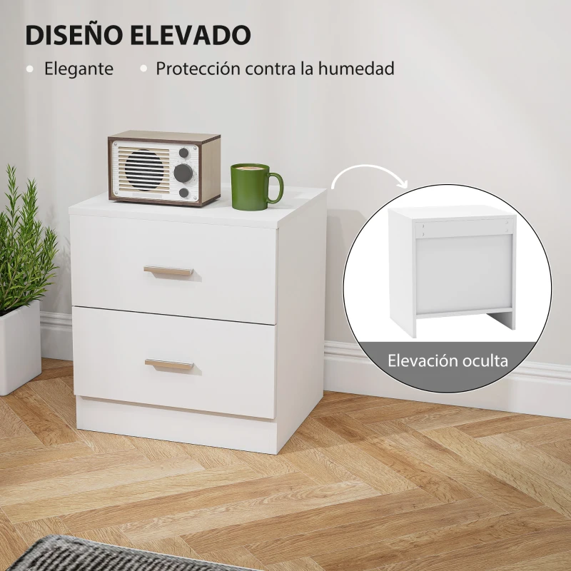 HOMCOM Mesilla de Noche con 2 Cajones Mesita Auxiliar para Salón Dormitorio Carga 30 kg 45x39,5x49 cm Blanco