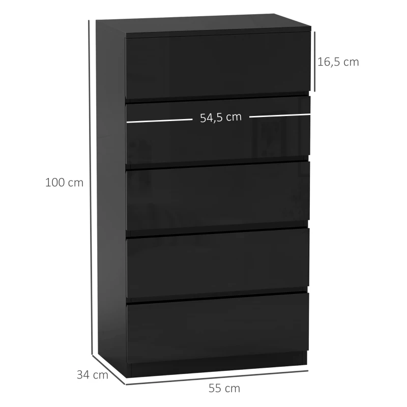 HOMCOM Cómoda con 5 Cajones Cajonera de Estilo Moderno para Dormitorio Entrada Salón 55x34x100 cm Negro