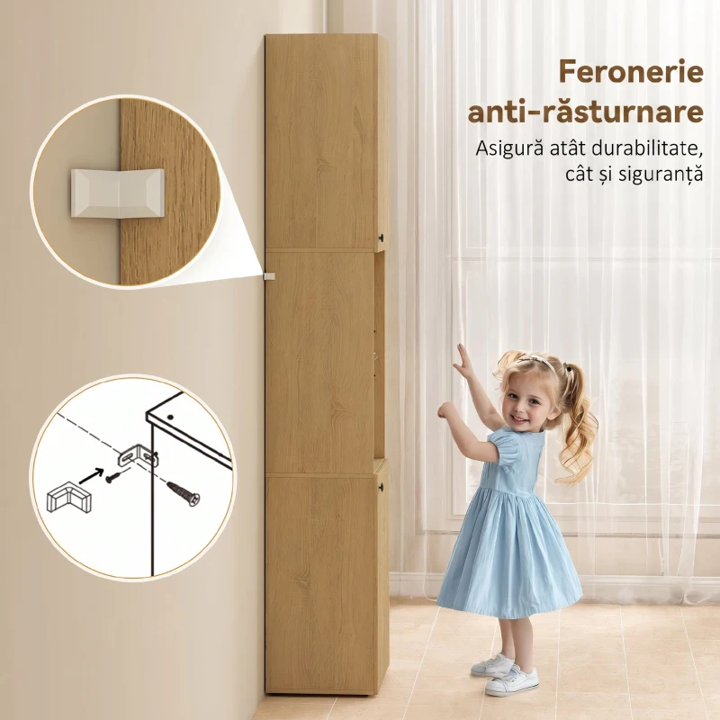 HOMCOM Coloană Baie Slim 6 Rafturi, 2 Uși, Compartimente Deschise, Raft din Sticlă Securizată, Rafturi Reglabile, Stejar