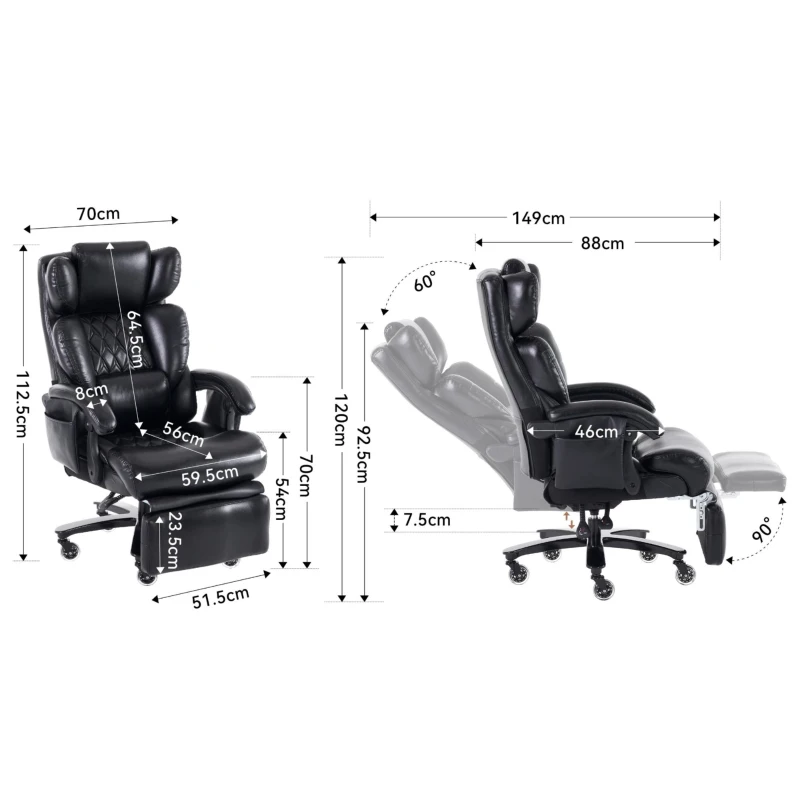 Fauteuil de direction avec fonction massage et chauffage, chaise de bureau ergonomique en simili cuir, repose-pieds extensible, 88 x 70 x 112,5 cm, Noir