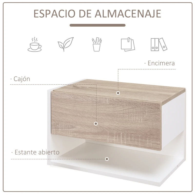 HOMCOM Juego de 2 Mesitas de Noche Flotantes Mesitas de Noche Colgantes con 1 Cajón y Estante Abierto 46x30x30cm Roble y Blanco