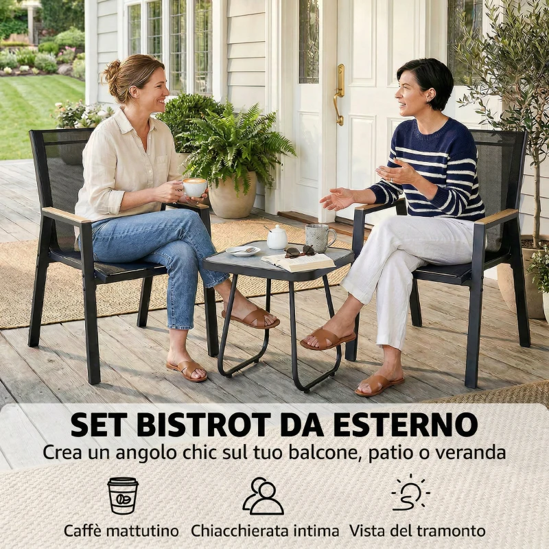 Outsunny Set Bistrò da Esterni 3 Pezzi, Tavolino con Piedini Regolabili