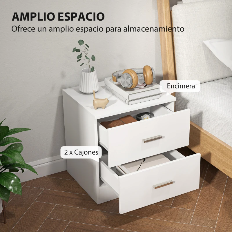 HOMCOM Mesilla de Noche con 2 Cajones Mesita Auxiliar para Salón Dormitorio Carga 30 kg 45x39,5x49 cm Blanco