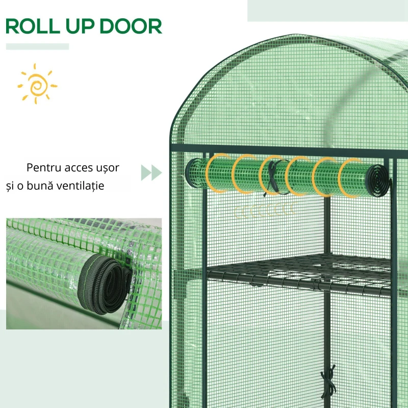Outsunny Mini Seră de Grădină cu 2 Rafturi Metalice și Acoperiș PE, Seră Compactă pentru Balcon și Terasă, 69x49x91 cm, Verde