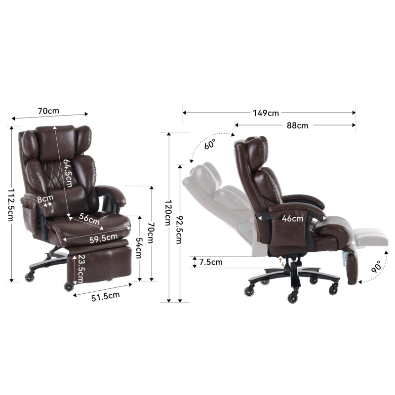 Fauteuil de direction avec fonction massage et chauffage, chaise de bureau ergonomique en simili cuir, repose-pieds extensible, 88 x 70 x 112,5 cm, Marron