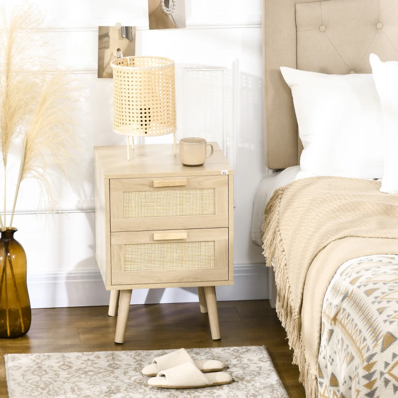 HOMCOM Mesita de Noche Estilo Cannage Mesilla de Noche con 2 Cajones y Patas de Madera para Salón Dormitorio 40x40x56cm Natural