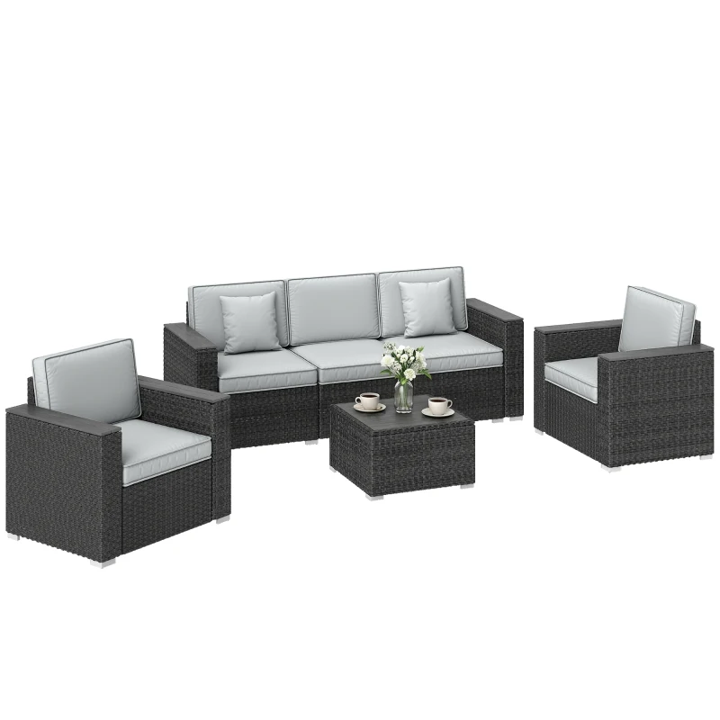 Outsunny 5 Seater Rattan Garden Furniture Set with Wide Armrests, Cushions, Pillows for Patio, Dark Grey