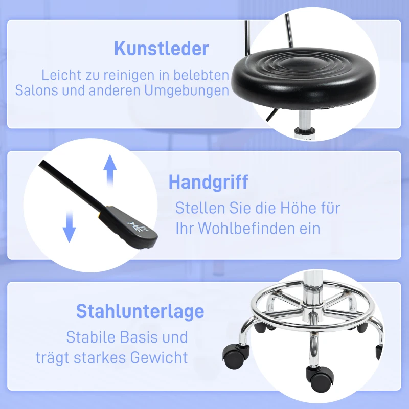 HOMCOM Rollhocker, Drehbarer und verstellbarer Hocker mit Rückenlehne, Kunstlederbezug, Fußstütze, für Frisiertische, Schwarz(m-6)