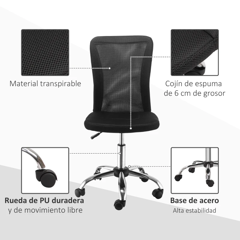 Vinsetto Silla de Escritorio Giratoria sin Brazos Silla de Malla con Altura Ajustable Carga 100 kg 43x58x90-100 cm Negro