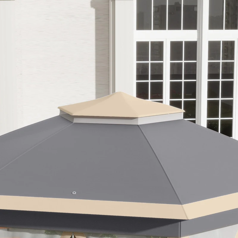 Outsunny Paviljoen 4x4 tuinpaviljoen zeshoekig opvouwbaar met draagtas dubbel dak beige+ kaki