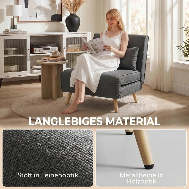 HOMCOM 3-in-1 Faltbarer Schlafstuhl, Schlafsessel aus Leinenoptik mit verstellbarer Rückenlehne und dicker Polsterung, Grau