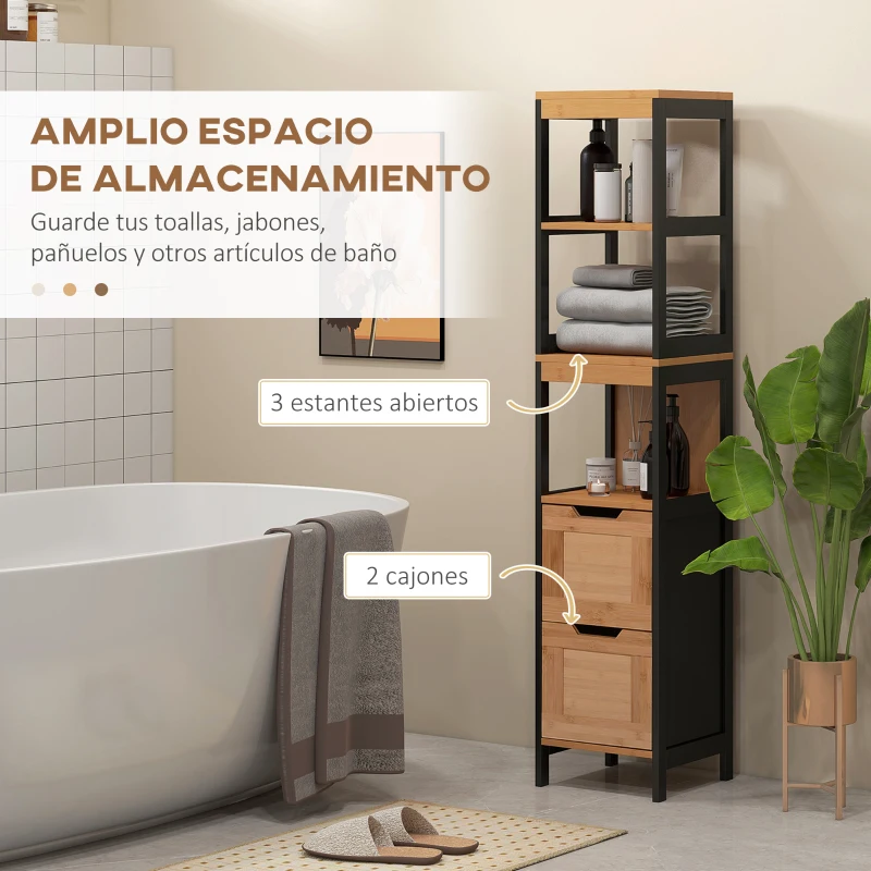 kleankin Armario Alto para Baño con 3 Estantes y 2 Cajones Estilo Moderno 30x30x144,3 cm Negro y Natural