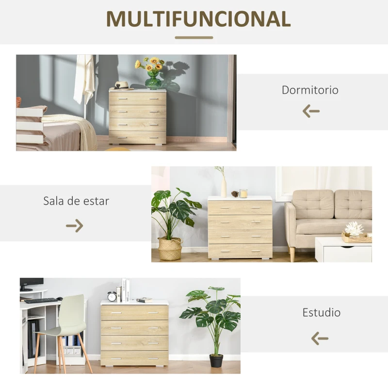 HOMCOM Cómoda con 4 Cajones Cajonera Auxiliar Moderna para Dormitorio Pasillo Sala de Estar 76x35x72 cm Roble y Blanco