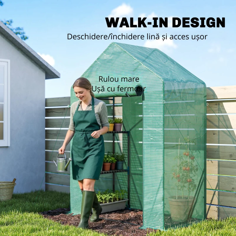 Outsunny Seră de Grădină, Ușă Rulantă, Rafturi 2 Etaje, Structură Oțel, Acoperire PE, 143x73x195 cm, Verde