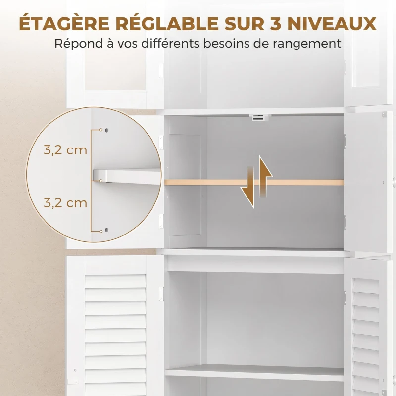 HOMCOM Meuble de salle de bain haut, meuble de rangement avec 6 portes dont 2 vitrées et 2 persiennes, étagère réglable, blanc