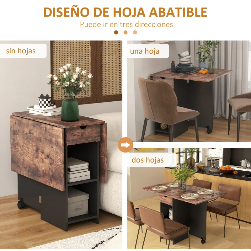 HOMCOM Mesa de Cocina Plegable con Ruedas Alas Abatibles Cajón y Estantes para 2-4 Personas 120x72x75 cm Marrón Rústico y Negro