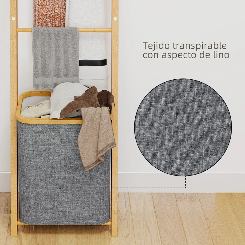 HOMCOM Estantería para Baño de Bambú Toallero de Pie con 3 Barras Cesto para Ropa Sucia Extraíble de 48 L Gris