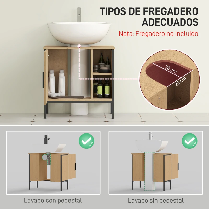 HOMCOM Mueble bajo Lavabo con Puerta y Estante Ajustable para Lavabo con Pedestal 60x30x59,5 cm Roble