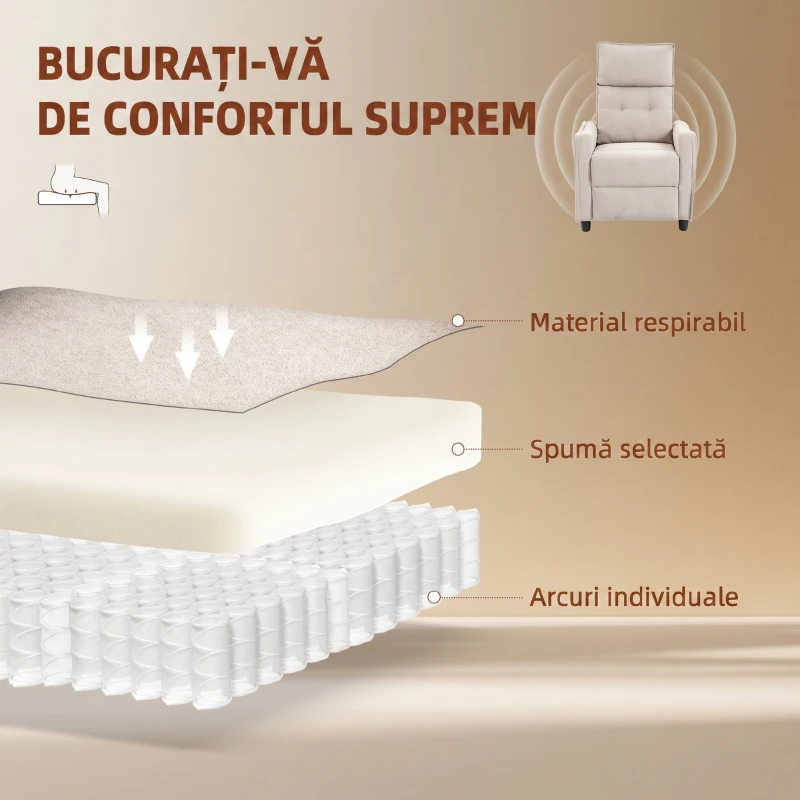 HOMCOM Fotoliu Masaj Reclinabil Manual din Material Textil Tip In cu Telecomandă, Crem
