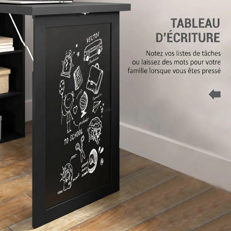 HOMCOM Bureau d'ordinateur pliable avec bibliothèque, poste de travail, tableau noir et étagère réglable, 98x51x153cm, noir