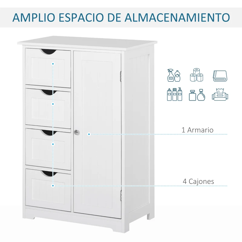 kleankin Armario Auxiliar de Baño Mueble para Baño con Puerta 4 Cajones y Estante Ajustable para Cocina Salón 56x30x83 cm Blanco