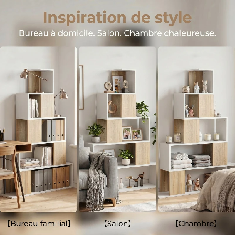 HOMCOM Étagère de rangement, bibliothèque géométrique à 5 niveaux, pour bureau, salon, chambre, blanc et bois naturel