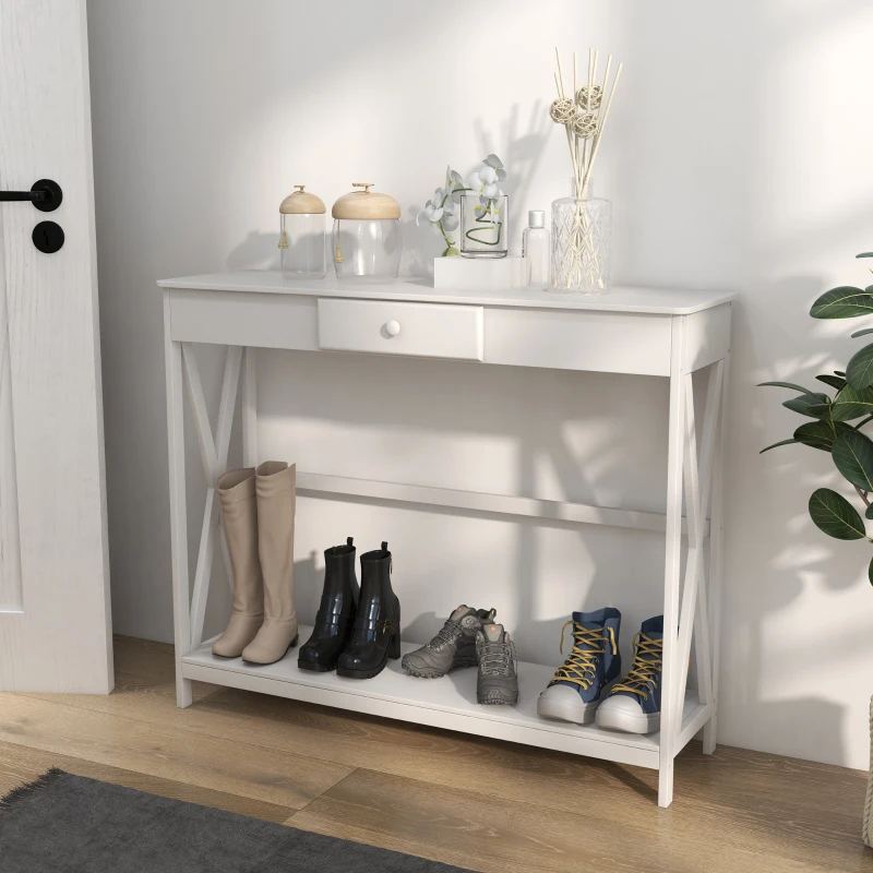 HOMCOM Mesa de Consola de Madera Mesa de Entrada con 1 Cajón y 1 Estante de Almacenaje para Pasillo Salón 100x30x81cm Blanco
