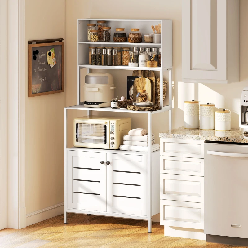 HOMCOM Estantería de Cocina con Toma de Corriente Soporte para Microondas con 2 Puertas 2 Puertos USB y Compartimentos Blanco