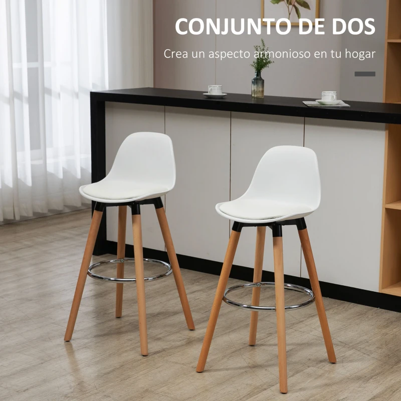 HOMCOM Conjunto de 2 Taburetes de Bar Tapizado en PU Taburetes Altos de Cocina con Asiento 69 cm 43x43x91 cm Blanco