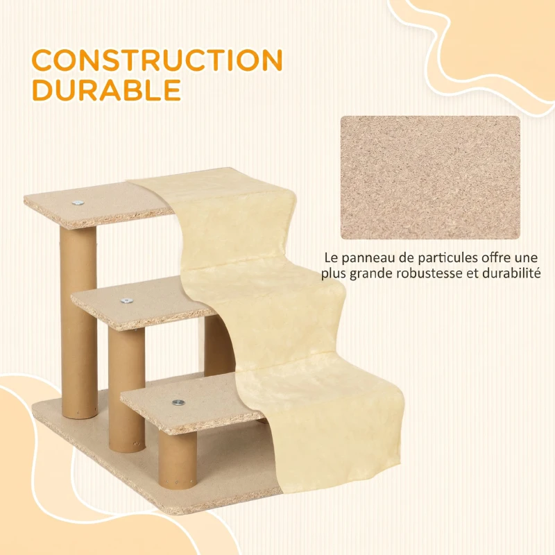 PawHut Escalier pour Chien à 3 Marches, Escalier pour Chat, Échelle Antidérapante pour Animaux, 46 x 35 x 35 cm, Beige