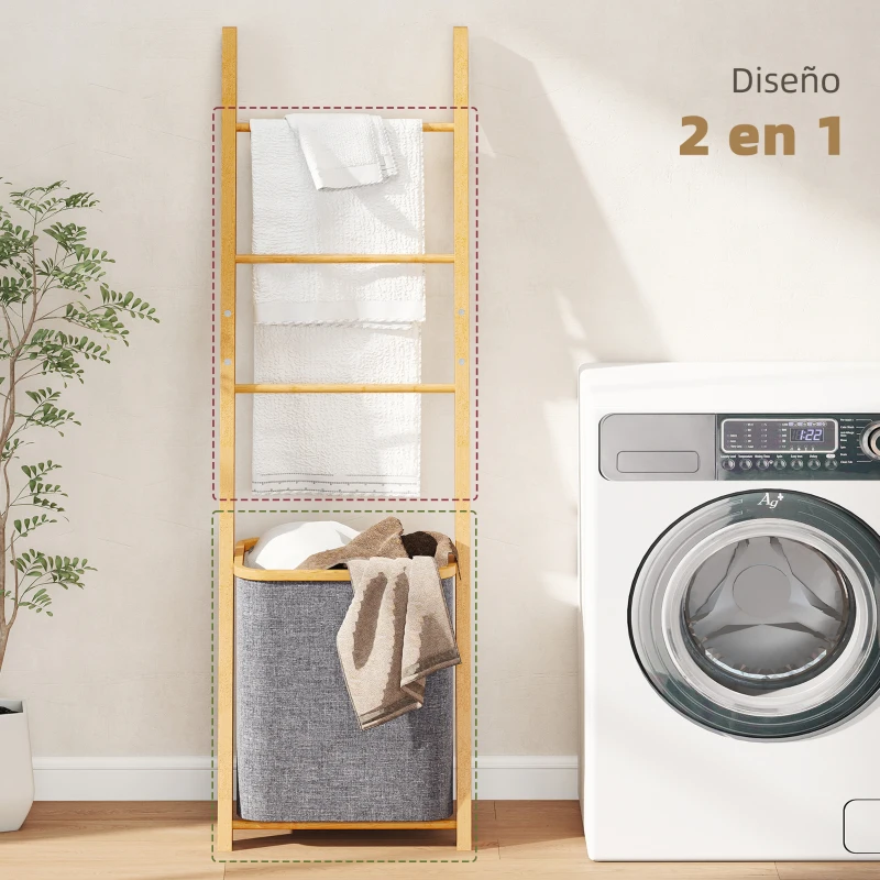 HOMCOM Estantería para Baño de Bambú Toallero de Pie con 3 Barras Cesto para Ropa Sucia Extraíble de 48 L Gris