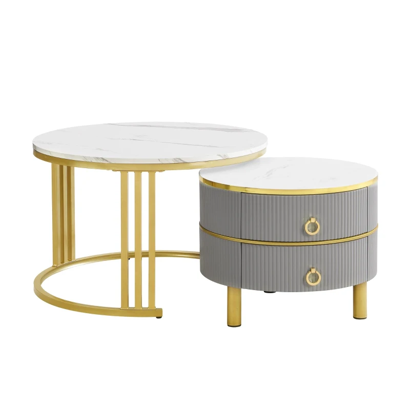 2-In-1 Round Coffee Table Set with High-Gloss Tops, Space-Saving Center Table Set with 2 Drawers, 70L x 70W x 46H cm, White+Gray