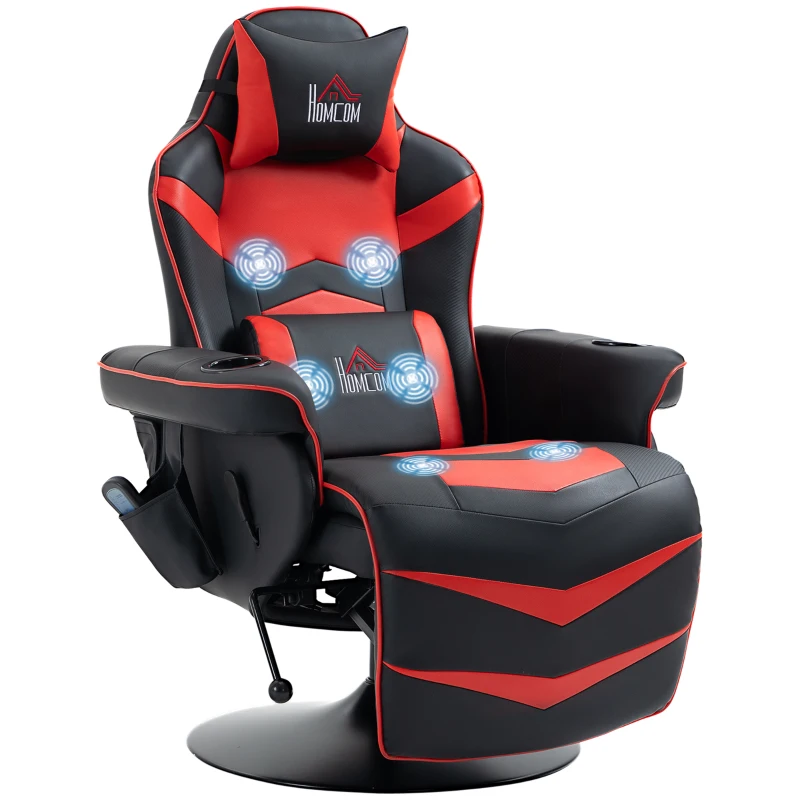 HOMCOM Sedia da Gaming Massaggiante con Poggiapiedi e Cuscino, in Finta Pelle, 78x80x111.5 cm, Nero e Rosso