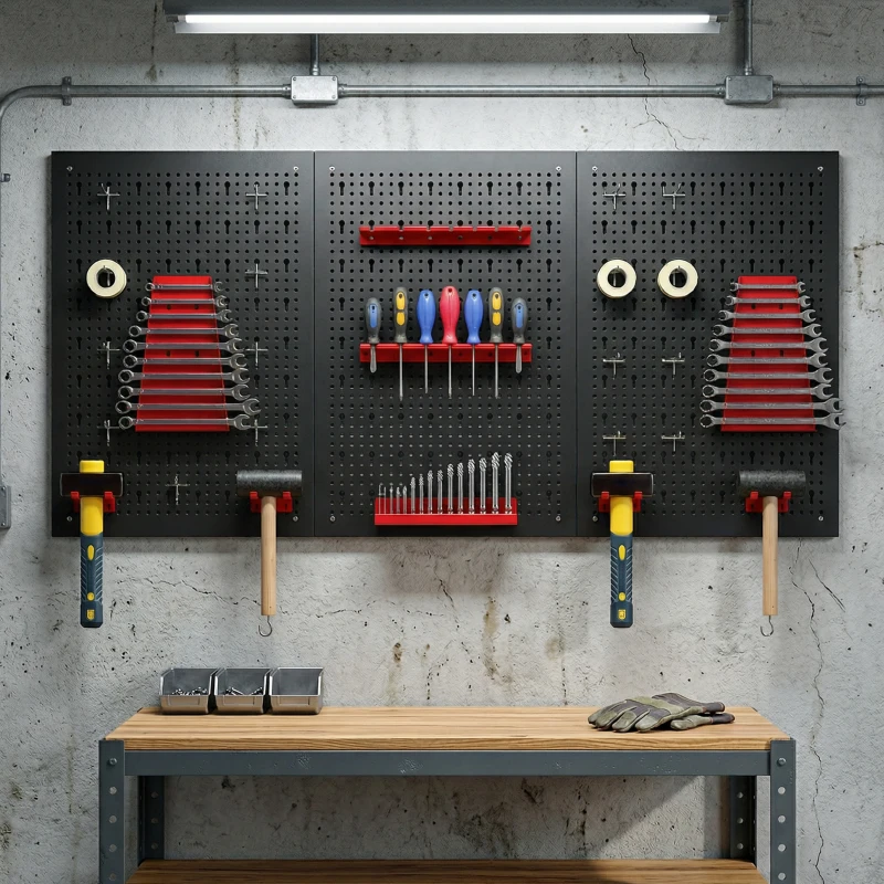 HOMCOM Lagersystem Wandregal 60 x 40 cm, 28 stck. Schüttenregal mit Haken Ablagefächern, Werkstattregal, Schwarz+Rot