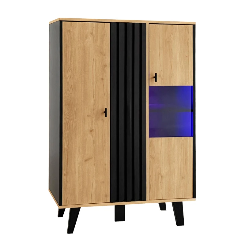 Display Cabinet with LED Lighting and Decorative Glass Doors, Versatile Sideboard with 3 Adjustable Shelves, 80L x 120W x 40H cm, Black+Wood
