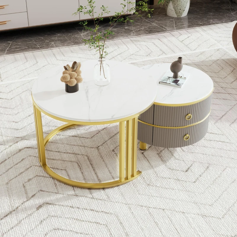 2-In-1 Round Coffee Table Set with High-Gloss Tops, Space-Saving Center Table Set with 2 Drawers, 70L x 70W x 46H cm, White+Gray