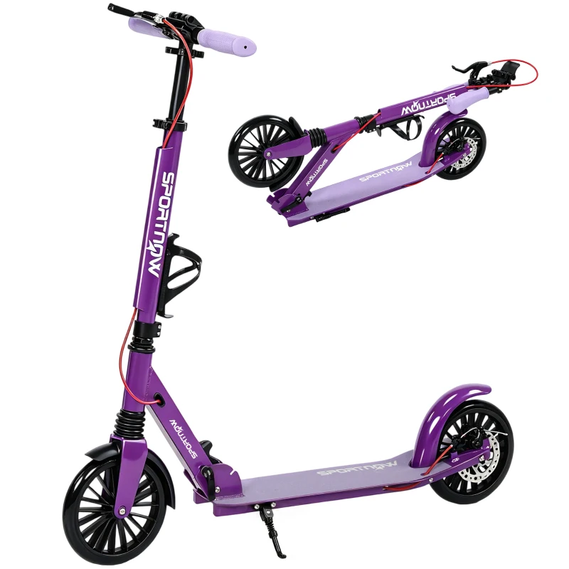 SPORTNOW Foldable Kick Scooter with Height Adjustable Handlebar, One-click Folding Adult Scooters with 200 mm Big Wheels, Purple