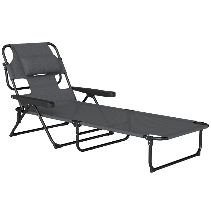 Outsunny Chaise longue de jardin pliante dossier réglable sur 4 niveaux, trou de lecture et appui-tête 72L x 194l x 89H cm Gris