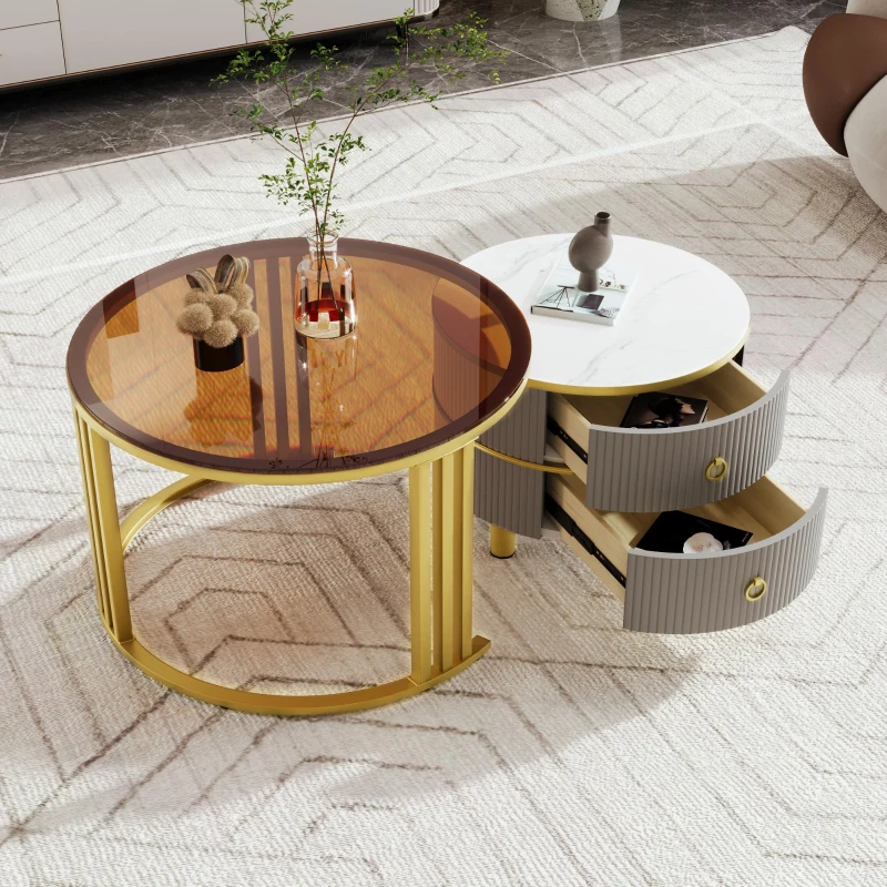 2-In-1 Round Coffee Table Set with High-Gloss Top and Tempered Glass, Space-Saving Center Table Set with 2 Drawers, 70L x 70W x 45H cm, Grey+Brown