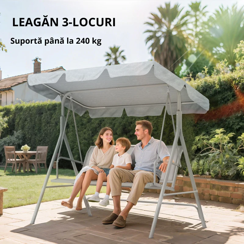 Outsunny Leagăn de Grădină cu 3 Locuri și Acoperiș Parasolar Detasabil, 171x108x154 cm, Gri Deschis