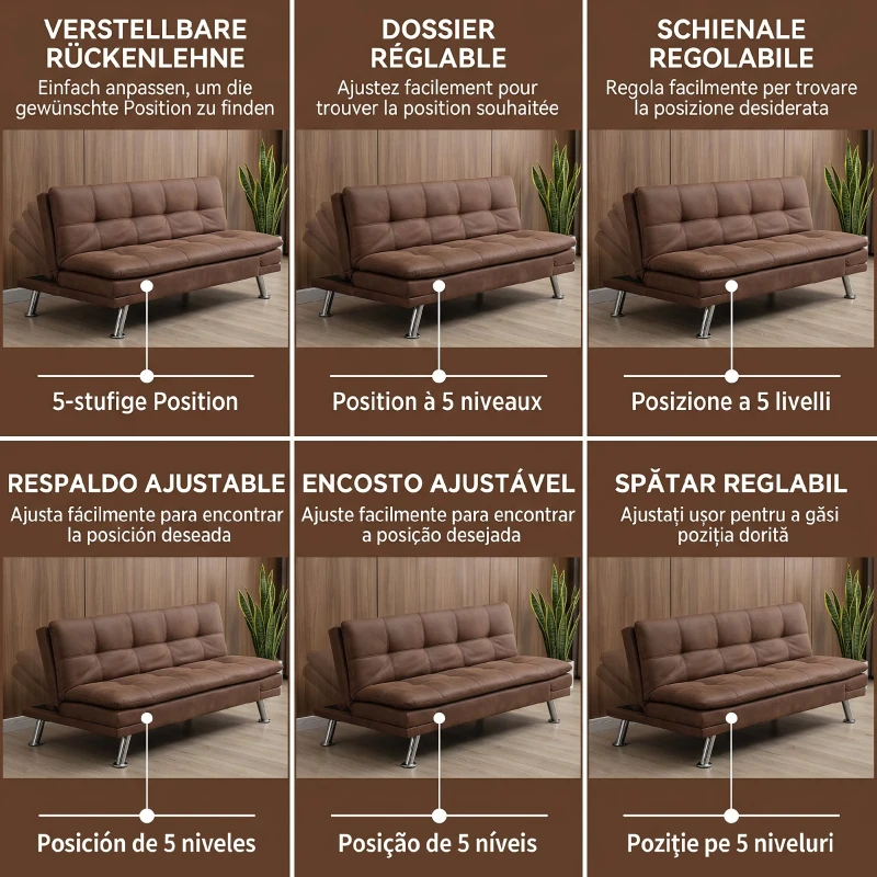 HOMCOM Canapea Extensibilă 2 Locuri din Piele Întoarsă Sintetică cu Spătar Reglabil și 2 Perne, Maro Închis