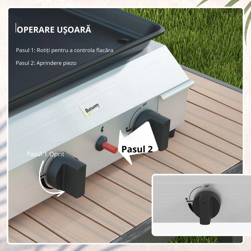 Outsunny Plită de grătar pe gaz cu 2 arzătoare, suprafață antiaderentă și putere de 4,8 kW, argintiu