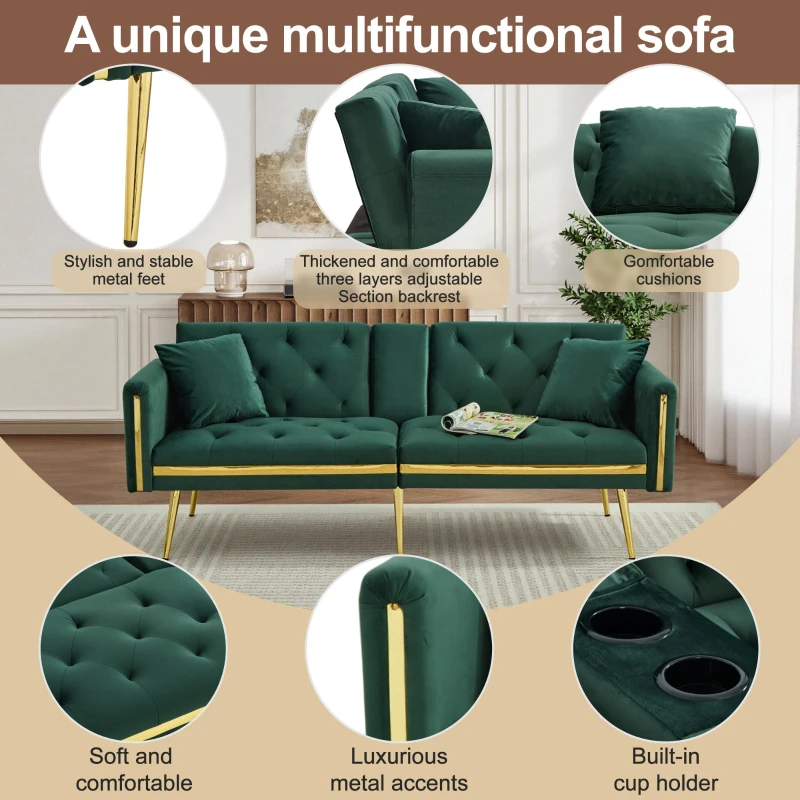 Two-Seater Convertible Sofa Bed with 3-Level Adjustable Backrest, Space-Saving Sleeper Sofa with High-Density Foam, 174L x 76W x 71.5H cm, Green
