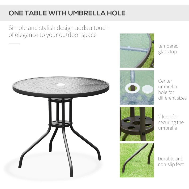 Outsunny 6 Piece Patio Dining Set with Umbrella, 4 Folding Dining Chairs & Round Tempered Glass Table for Garden, Backyard and Poolside, Black