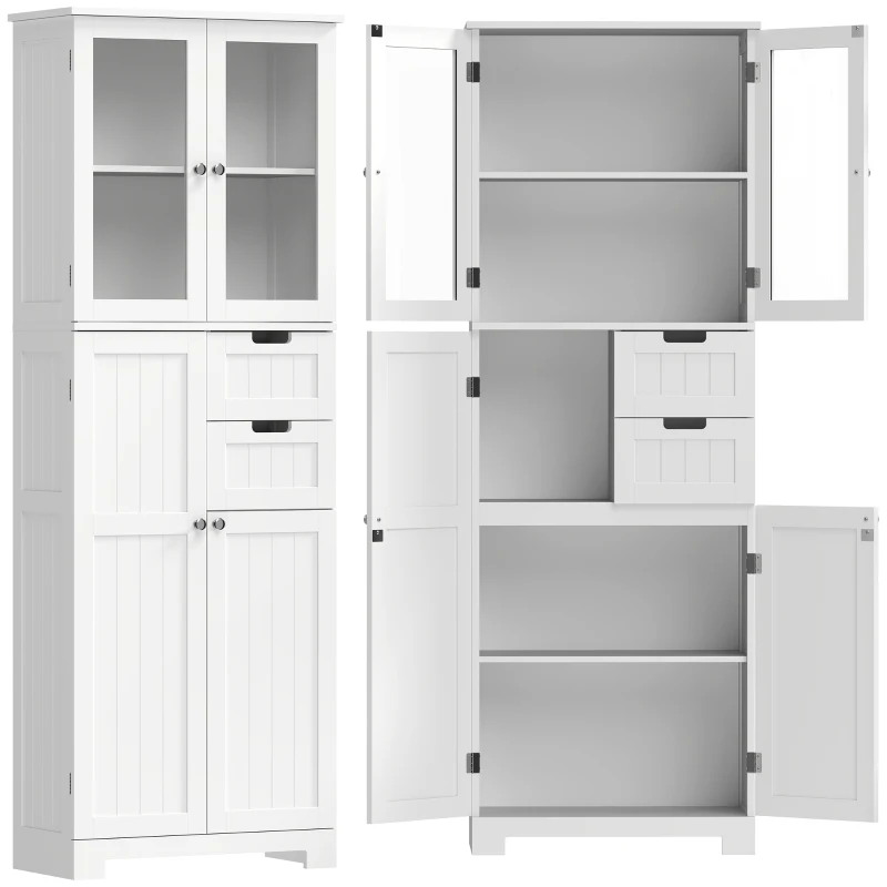 HOMCOM Meuble haut de rangement, armoire avec portes vitrées et étagères réglables pour salle de bain, cuisine, salon, blanc