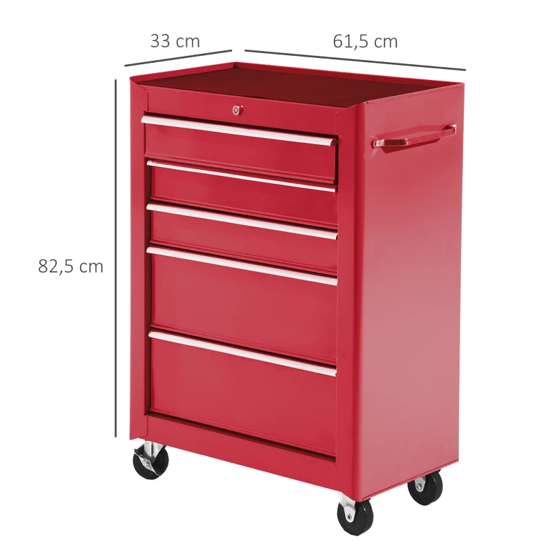HOMCOM Rollbarer Werkzeugwagen, Werkstattwagen aus Stahl 5 Schubladen abschließbar 2 Schlüssel, 61,5 x 33 x 82,5 cm, rot