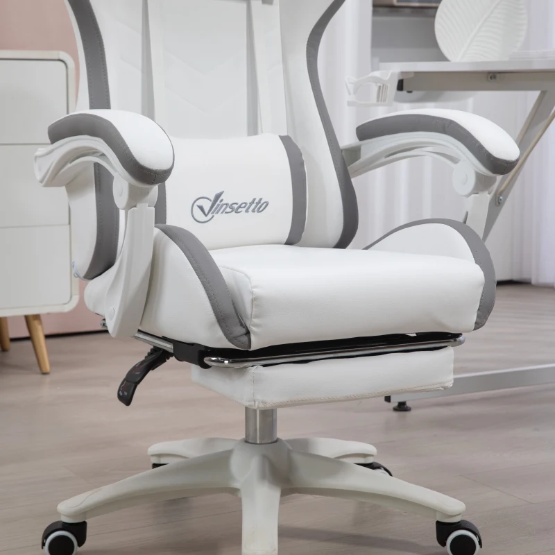 Vinsetto Computer Gaming Chair, PU Leather Desk Chair with Footrest, Swivel Task Chair with 135° Reclining Back and Lumbar Support, PC Chair for Adults, White and Grey