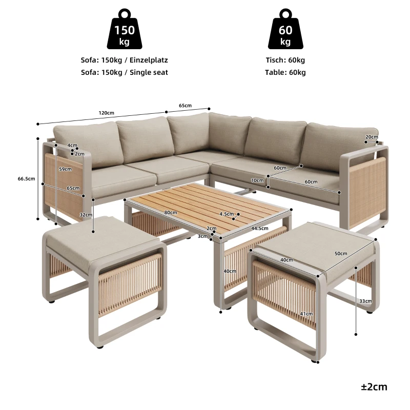 Modern Garden Corner Sofa Set with High‑Density Foam Cushions, Weatherproof Outdoor Set for 6-7 People, 120L x 65W x 66.5H cm, Beige