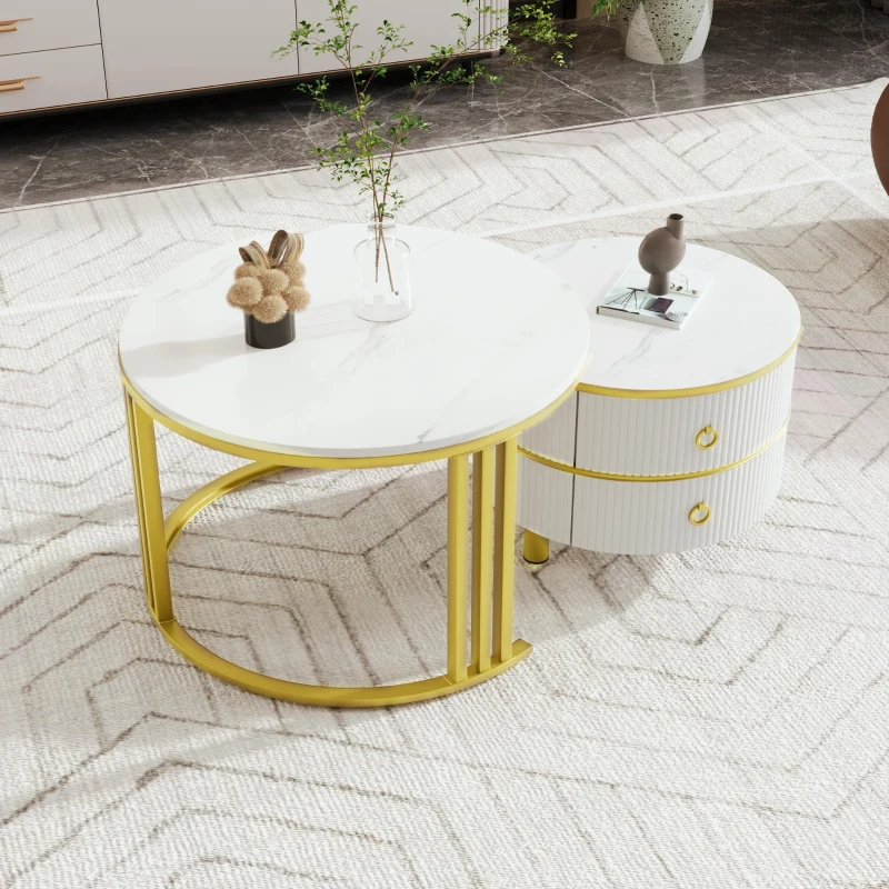 2-In-1 Round Coffee Table Set with High-Gloss Tops, Space-Saving Center Table Set with 2 Drawers, 70L x 70W x 46H cm, White